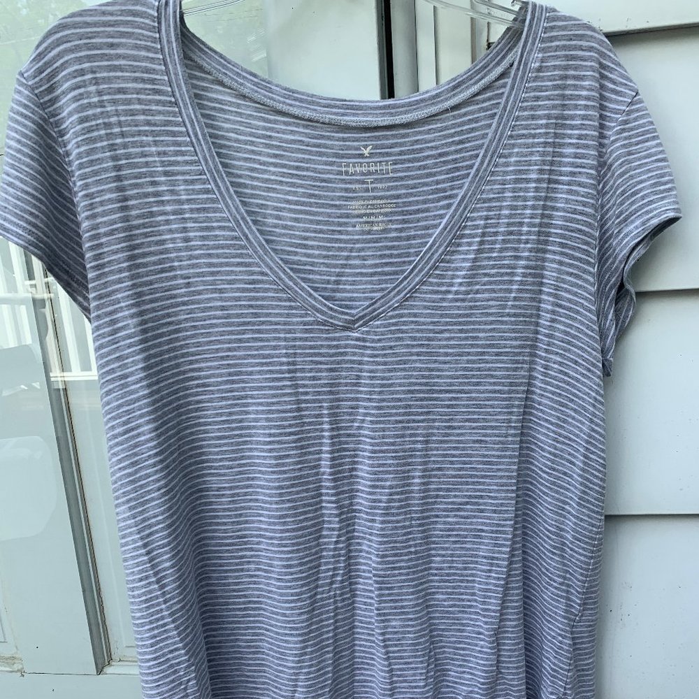 Soft & Sexy Striped Basic V Neck Gray/White
